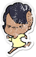 distressed sticker of a cartoon annoyed hipster girl png