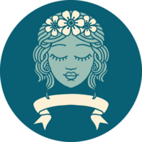 tattoo style icon with banner of female face with eyes closed png