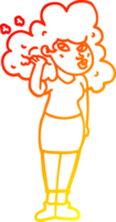 warm gradient line drawing of a cartoon girl playing with hair png
