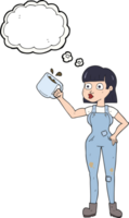 mão desenhado pensamento bolha desenho animado fêmea trabalhador com café caneca png