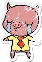 distressed sticker of a cartoon pig crying wearing shirt and tie png