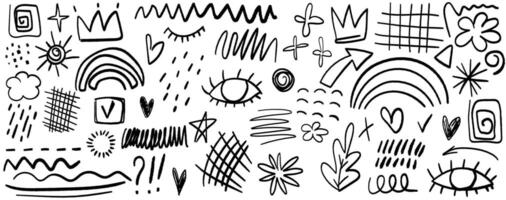 Charcoal graffiti doodle punk and grunge shapes collection. Hand drawn doodle design elements, charcoal or pencil drawn vector