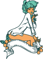 iconic tattoo style image of a pinup girl wearing a shirt with banner png