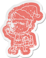 quirky cartoon distressed sticker of a man sweating wearing santa hat png