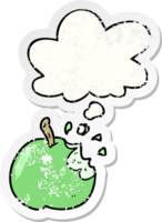 dessin animé mordu Pomme avec pensée bulle comme une affligé usé autocollant png