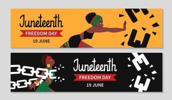 Juneteenth Billboard set. Horizontal greeting background for web. African-American woman in ethnic clothes breaks chains. Struggle for freedom. Hand Juneteenth lettering. flat illustration. vector