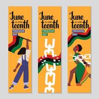 Wide skyscraper Juneteenth banner set. African-American woman with Pan African flag. Woman in ethnic clothes breaks shackles, chains. Holiday long vertical background. flat illustration. vector