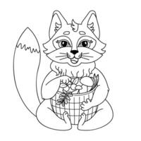 Linear drawing of fox with basket of mushrooms and berries. Child's character for coloring book. Simple drawing of an animal. Forest Wild Animals. outline cartoon illustration. vector