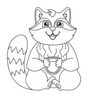 Linear drawing of raccoon with mug. Child's character for coloring book. Simple drawing of an animal. Forest Wild Animals coloring book for kids. outline cartoon illustration. vector