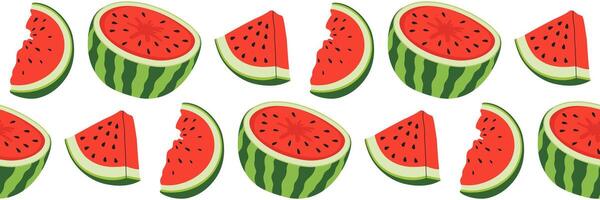 Watermelon seamless pattern. Fresh and juicy whole watermelons and slices. Summer background. Fruit summer Illustration for recipe cookbook, postcard, menu. Healthy product. flat illustration. vector