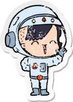 distressed sticker of a cartoon happy astronaut girl waving png