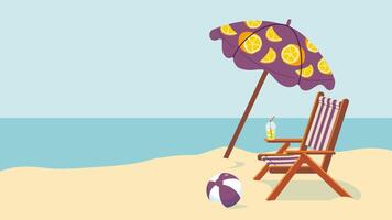 Beach horizontal background. Parasol, beach lounger and inflatable ball. Simple summer template for web, banner, sale. Summer breeze, Sunshine and sea. flat illustration. vector