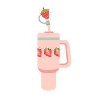 Tumbler for water and hot drinks. Custom bottle with strawberry-shaped rubber lid. Reusable thermos mug tumbler bottle, travel coffee cup and thermos. Color cup for shops. flat illustration. vector