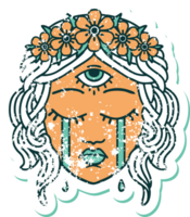 Image emblématique de style tatouage autocollant en détresse d'un visage féminin avec un troisième œil mystique qui pleure png