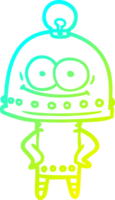 cold gradient line drawing of a happy carton robot with light bulb png