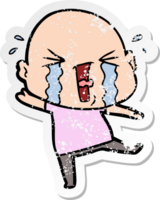 distressed sticker of a cartoon crying bald man png