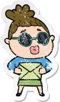 distressed sticker of a cartoon woman wearing sunglasses png