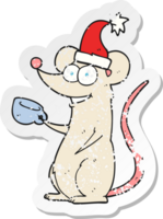 retro distressed sticker of a cartoon mouse wearing christmas hat png