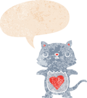 cute cartoon cat with speech bubble in grunge distressed retro textured style png