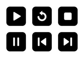 Play, replay, stop, pause, previous, and next track icon on black square vector