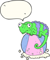 hand drawn comic book speech bubble cartoon chameleon on ball png
