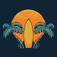 hand drawn surfboard on beach with palm tree vector