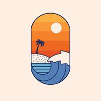 ocean wave with palm tree tropical island beach for summer vacation holiday badge logo design illustration vector
