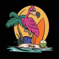 flamingo in beach handrawn illustration vintage vector