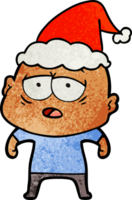 hand- getrokken getextureerde tekenfilm van een moe kaal Mens vervelend de kerstman hoed png