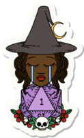 sticker of a crying human witch with natural one D20 dice roll png