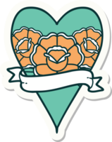 sticker of tattoo in traditional style of a heart and banner with flowers png