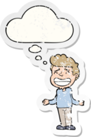 cartoon boy shrugging with thought bubble as a distressed worn sticker png