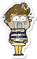 distressed sticker of a cartoon crying student with stack of books png