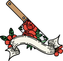 traditional tattoo with banner of a cleaver and flowers png