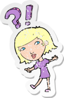 retro distressed sticker of a cartoon woman asking question png