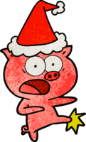 hand drawn textured cartoon of a pig shouting and kicking wearing santa hat png