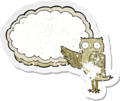 retro distressed sticker of a cartoon owl pointing png