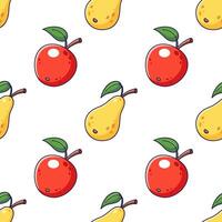 Cute yellow Pear and red Apple seamless pattern in doodle style. Cartoon illustration. Pattern for kids clothes. Fruits texture on white background. vector