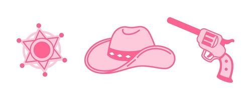 Sheriff Pink core fashion elements set. Cowgirl hat, handgun, sheriff badge. Cowboy western and wild west theme bundle. Hand drawn illustration. vector