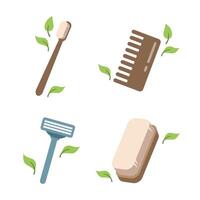 Zero waste concept. Set of ecological personal hygiene items - wooden toothbrush, comb, brush, Shaver. Illustration in cartoon style. Flat design. Isolated on white vector
