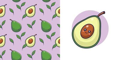 Set of Cute Kawaii Avocado pattern and illustration. Food fruit flat icon. Cartoon Avocado seamless pattern, cartoon style. Manga illustration. Pattern for kids clothes. Avocado bundle vector