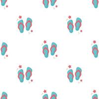 Flip flops icon with starfishes seamless pattern. Cute texture for summer design. Beach vacation concept. Cartoon illustration isolated on white. Flat design. vector