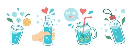 bebida más agua concepto, Bebiendo agua en Bebiendo vaso, frasco, vaso botella. correcto diario hábitos, Mañana rituales, desintoxicación cero desperdiciar. vector