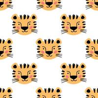Cute Scandinavian seamless pattern with little Tiger muzzle in doodle style. Illustration cartoon tiger head. White background. vector