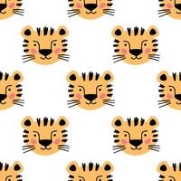 Cute Scandinavian seamless pattern with little Tiger muzzle in doodle style. Illustration cartoon tiger head. White background. vector