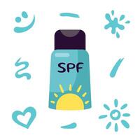 Sun protection, suntan lotion jar, bottle. Beach holidays concept. Flat design, cartoon SPF cosmetic product with suntan cream strokes. Sunscreen bottle, jar. vector