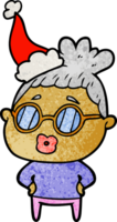 hand drawn textured cartoon of a librarian woman wearing spectacles wearing santa hat png