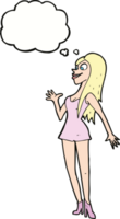 cartone animato donna nel rosa vestito con pensato bolla png