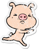 distressed sticker of a cartoon annoyed pig running png