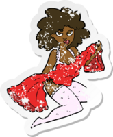 retro distressed sticker of a cartoon woman changing png